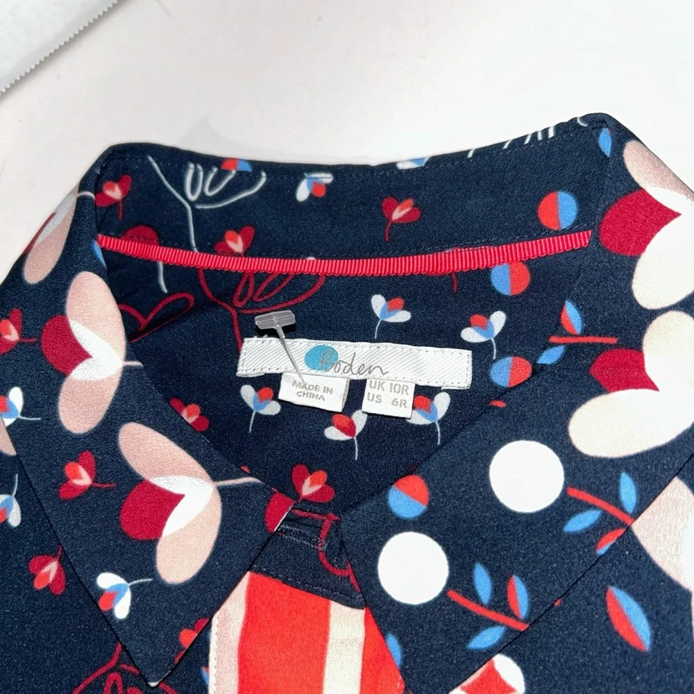 Boden Navy Floral-Print Long-Sleeve Shirt Dress with Coral Trim - Picture 7 of 8